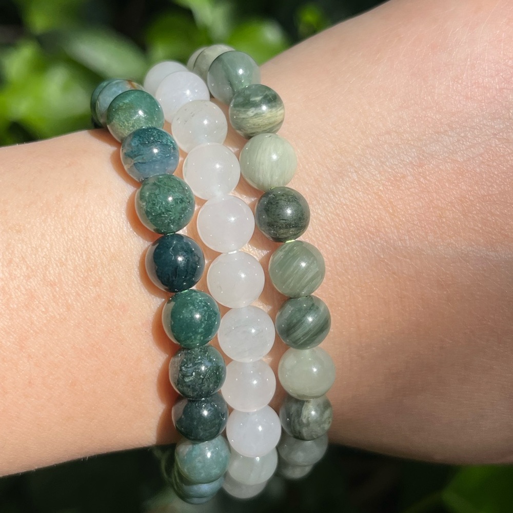 8mm crystal bracelet set moss agate white‎ jade grass agate